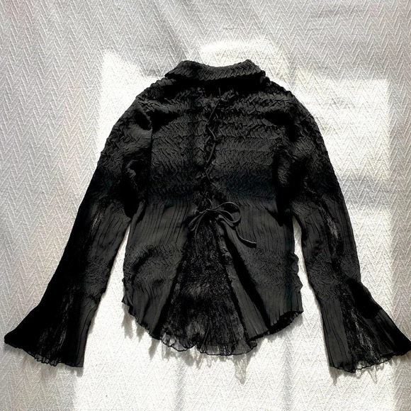 Cartise Tops - Cartise Black Whimsigoth Corset Blouse Feminine Designer Lace Bell Sleeve (Flaw)